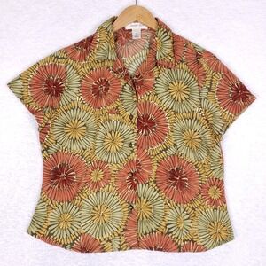 Judith Hart Petites 14P Button Down Shirt Retro Floral Medallion Boho Earthy Top